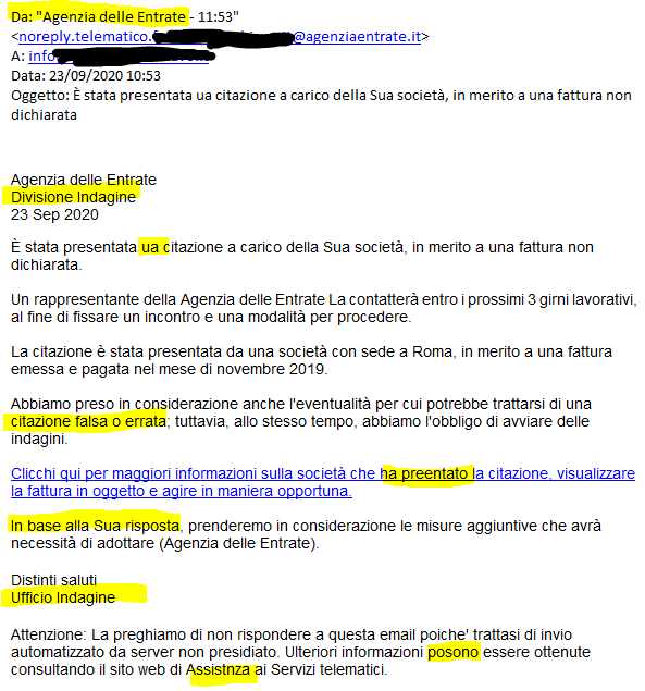 Falsa email dell'agenzia delle esntrate utilizzata per carpire informazioni personali degli utenti